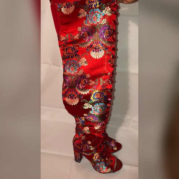 Red Lime Flower Embroidered Over the Knee Boots - Picture 2 of 4